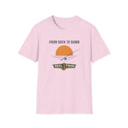 Pink Comfort Colors t-shirt with "From Dock To Dawn" sunset and fishing rod graphic.