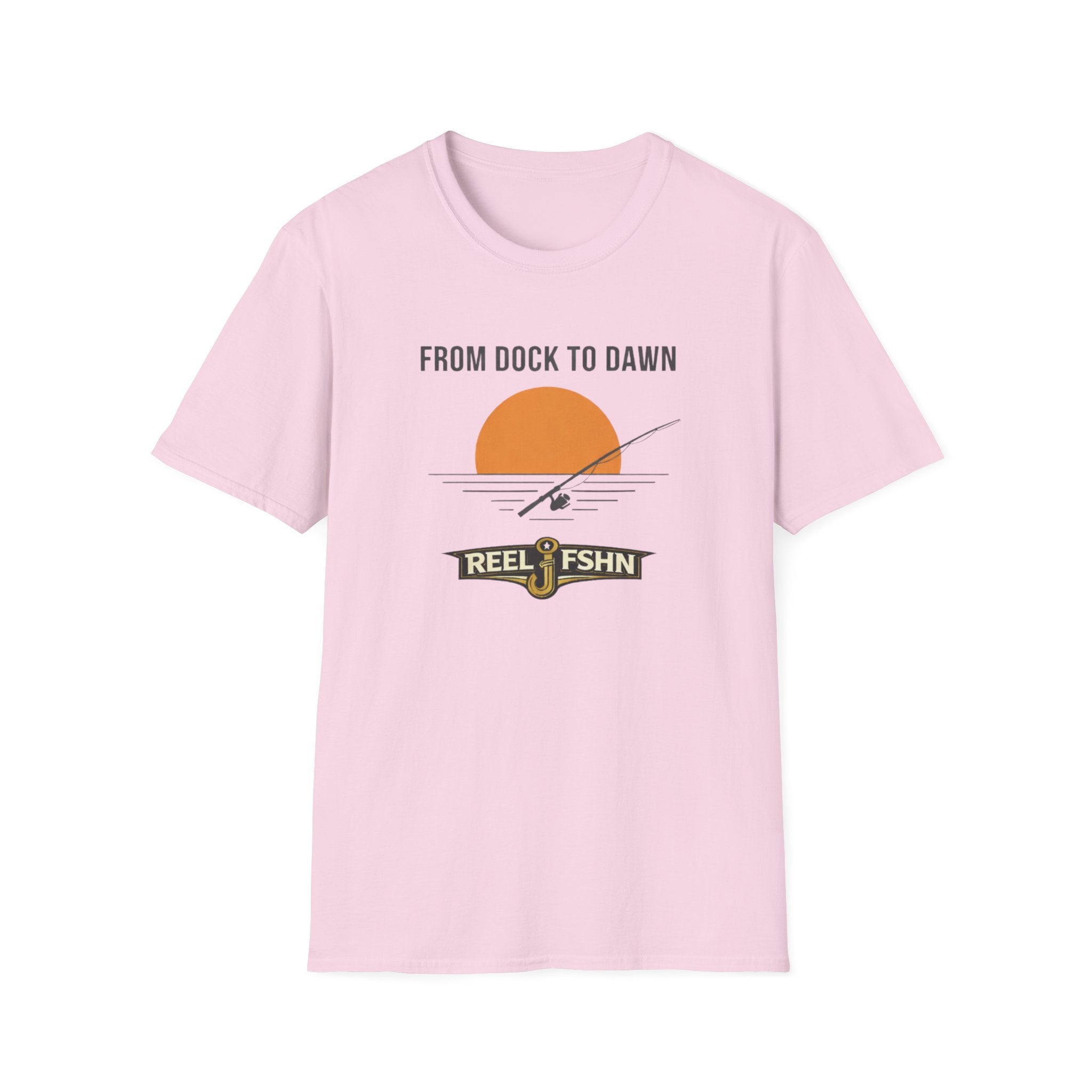 Pink Comfort Colors t-shirt with "From Dock To Dawn" sunset and fishing rod graphic.