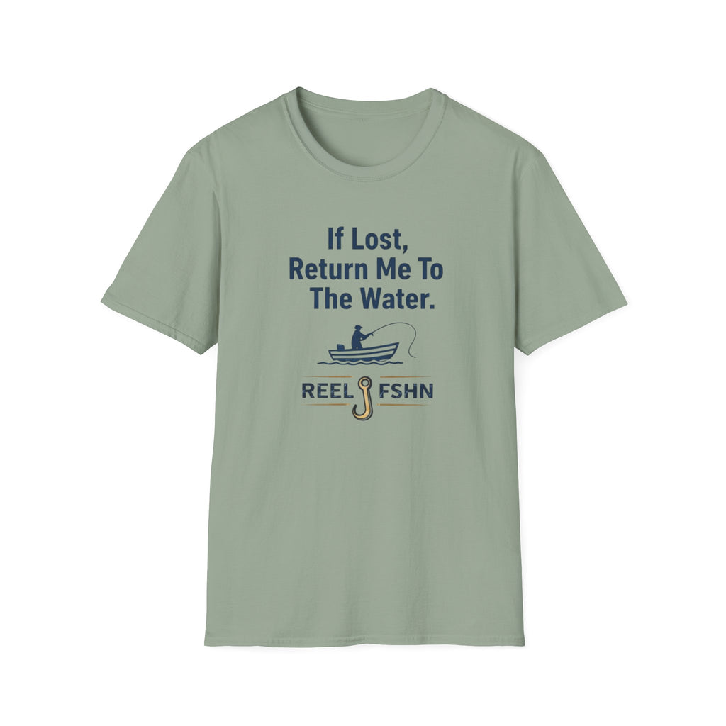 Sage green Comfort Colors t-shirt with "If Lost, Return Me To The Water" text, a fishing boat graphic, and a hook.