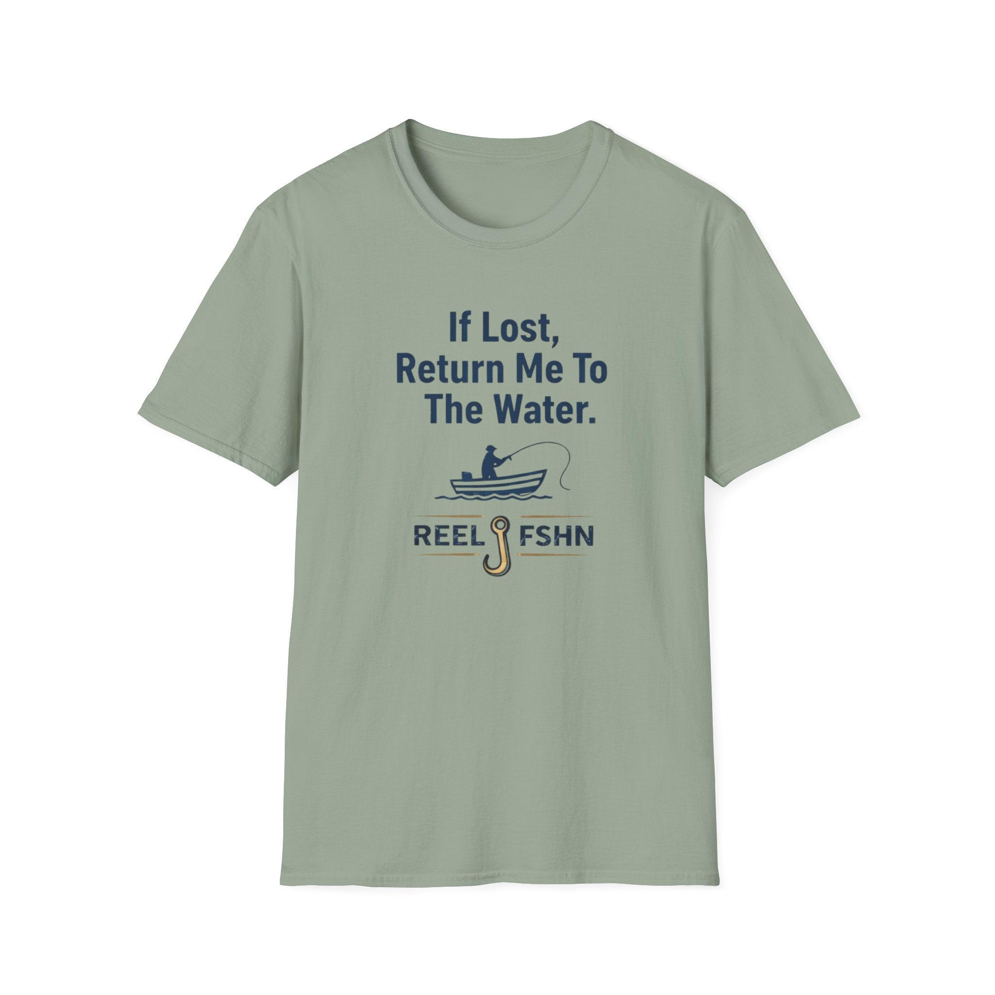 Sage green Comfort Colors t-shirt with "If Lost, Return Me To The Water" text, a fishing boat graphic, and a hook.