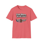 Comfort Colors coral t-shirt with "Fish More. Scroll Less." text and a fishing lure graphic.