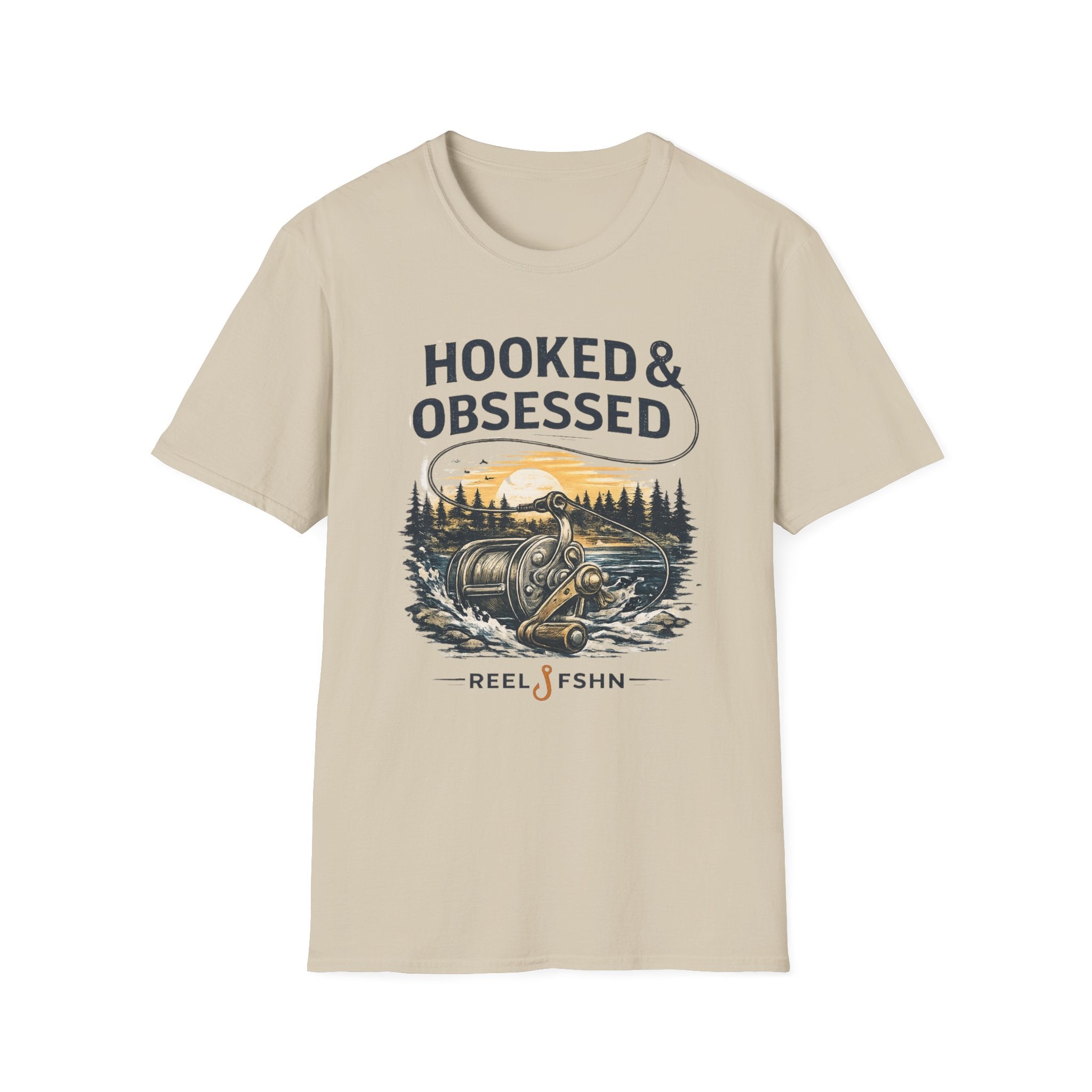 Beige Comfort Colors cotton t-shirt with "Hooked & Obsessed" text and a fishing reel graphic.