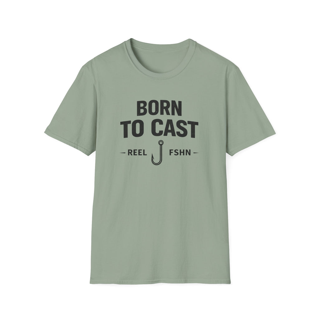 Sage green Comfort Colors "Born to Cast" fishing t-shirt with a black fishing hook graphic.