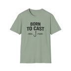 Sage green Comfort Colors "Born to Cast" fishing t-shirt with a black fishing hook graphic.