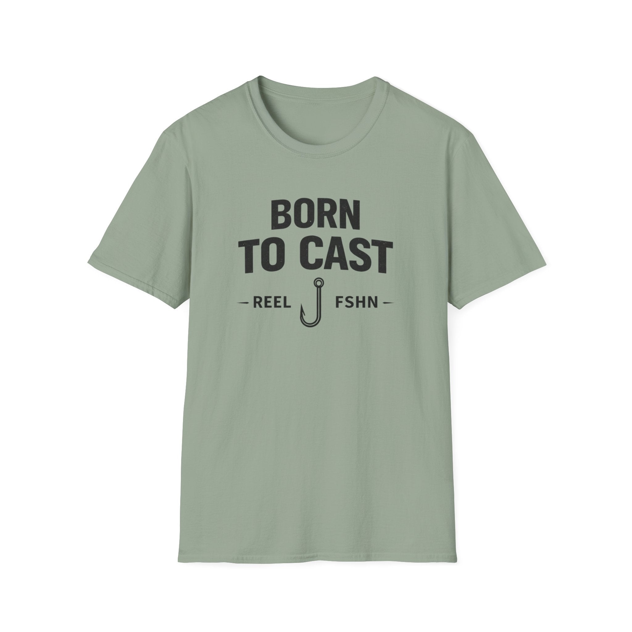 Sage green Comfort Colors "Born to Cast" fishing t-shirt with a black fishing hook graphic.