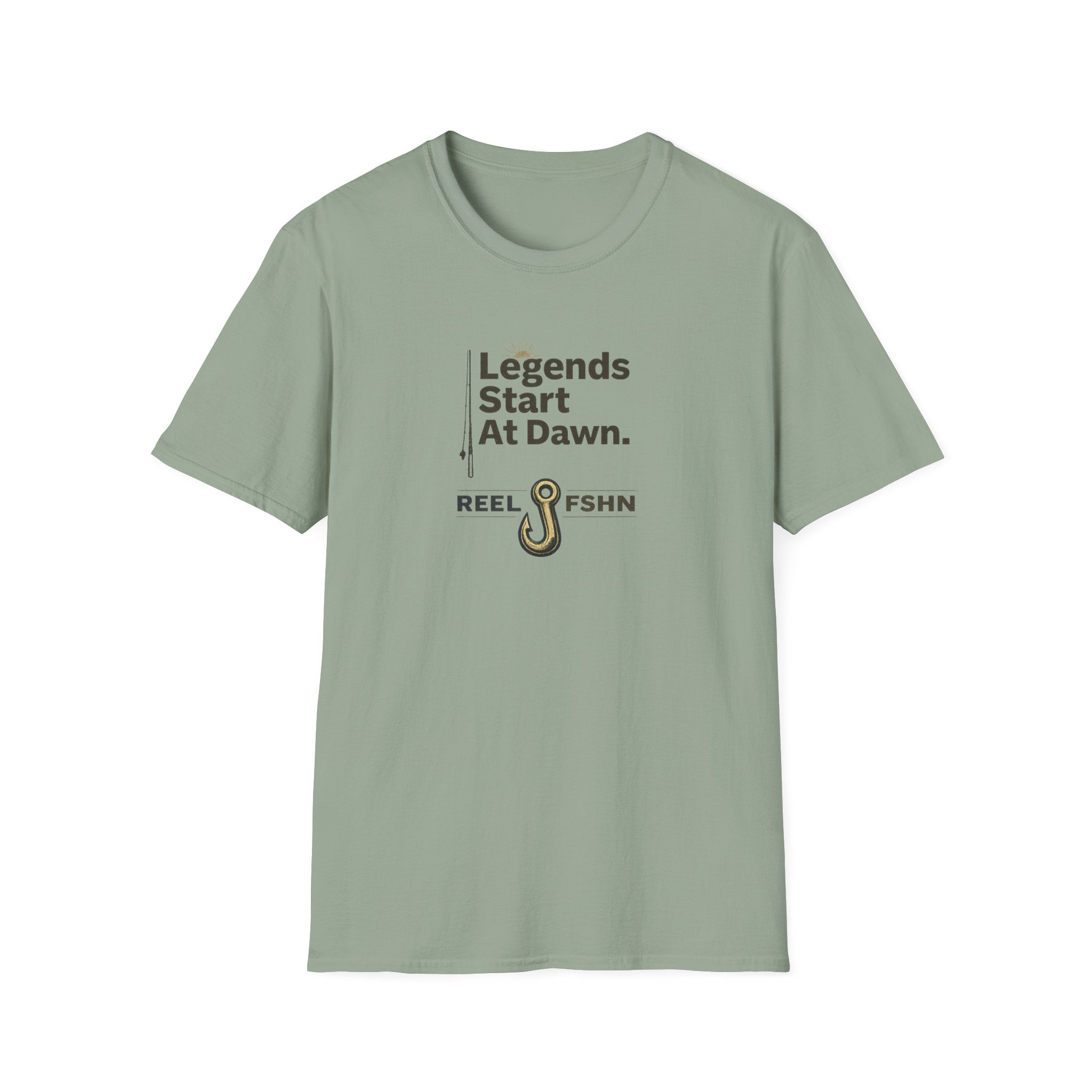 Unisex Comfort Colors sage green t-shirt with "Legends Start At Dawn" text and a fishing hook graphic.