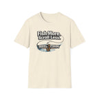 Comfort Colors unisex cream t-shirt with "Fish More. Scroll Less." and "REEL FSHN" fishing hook graphic.