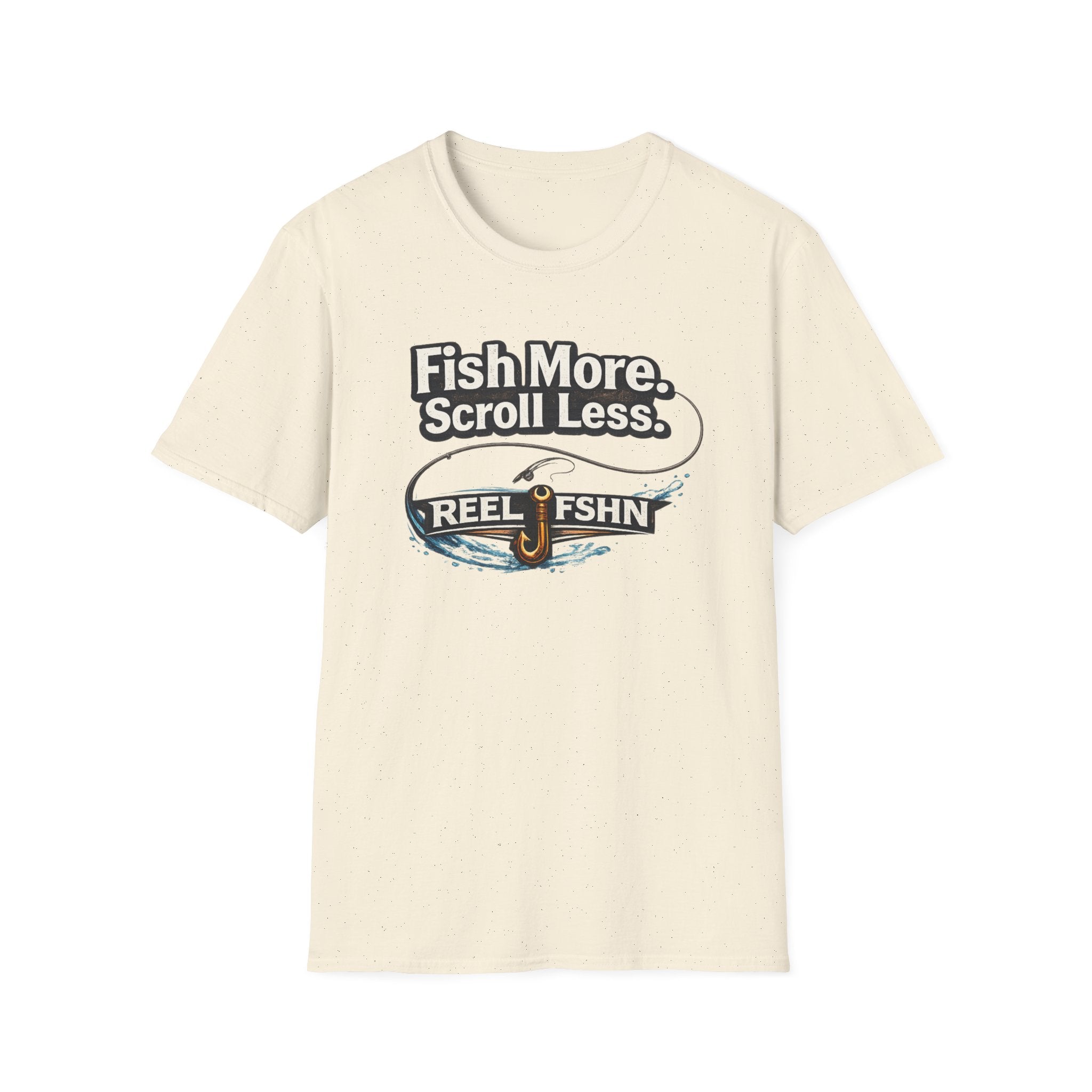 Comfort Colors unisex cream t-shirt with "Fish More. Scroll Less." and "REEL FSHN" fishing hook graphic.