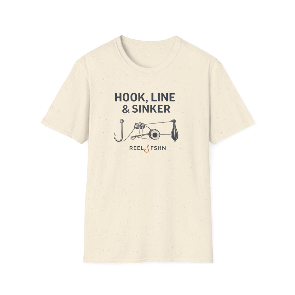 Comfort Colors natural cotton tee with "Hook, Line & Sinker" text and fishing gear graphic.