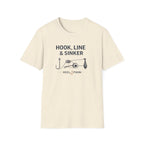 Comfort Colors natural cotton tee with "Hook, Line & Sinker" text and fishing gear graphic.