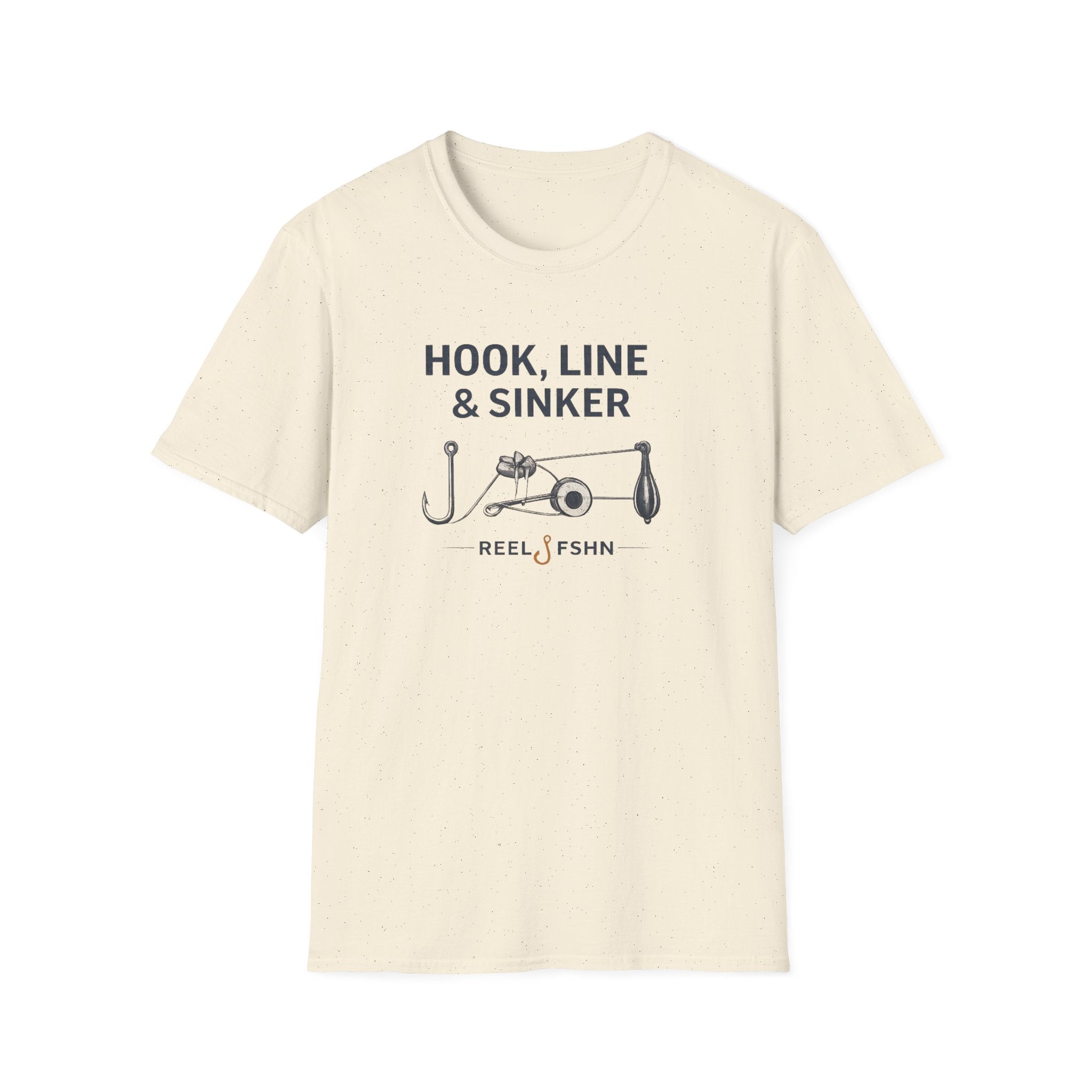 Comfort Colors natural cotton tee with "Hook, Line & Sinker" text and fishing gear graphic.