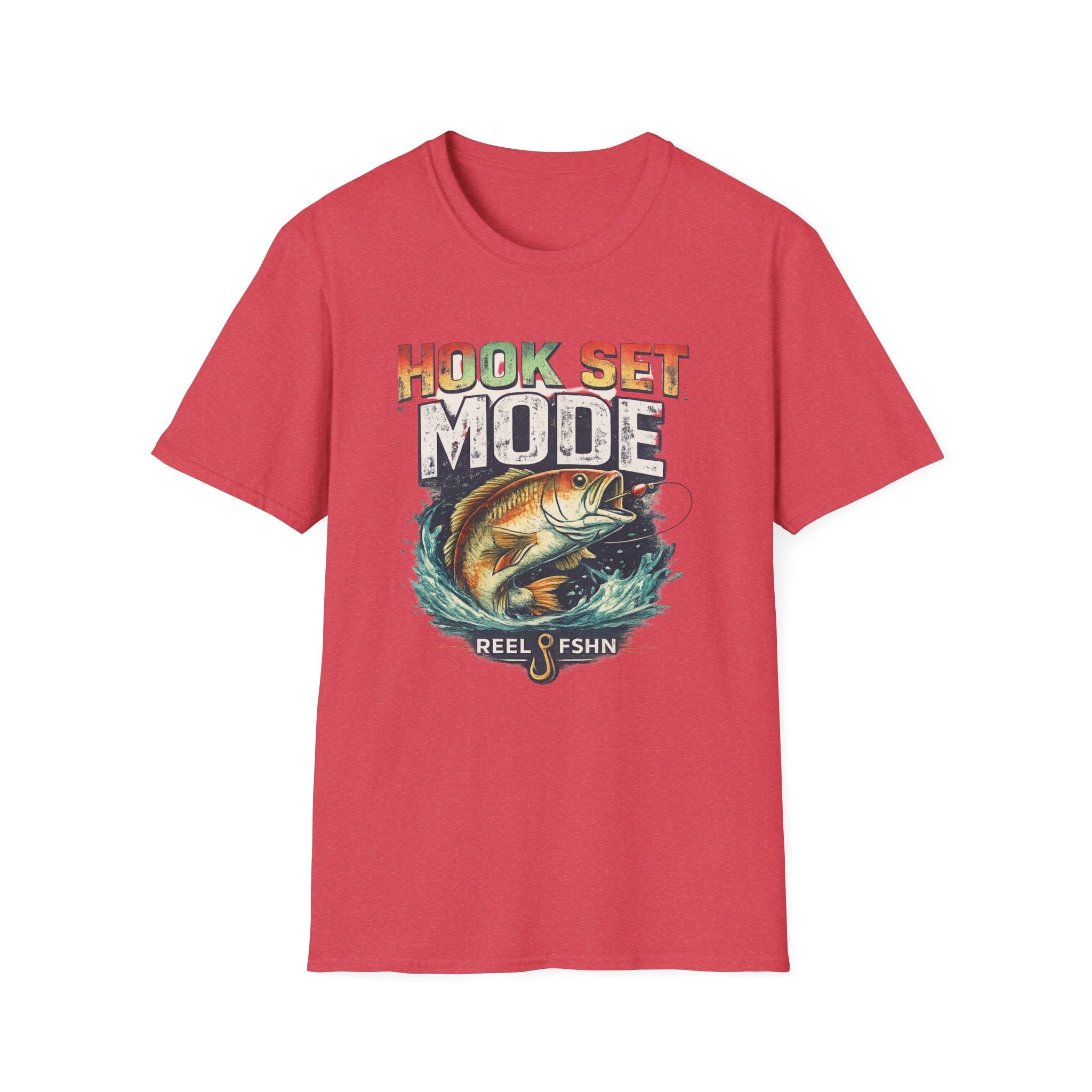 Red unisex Comfort Colors t-shirt with "HOOK SET MODE" text and a bass jumping from water graphic.