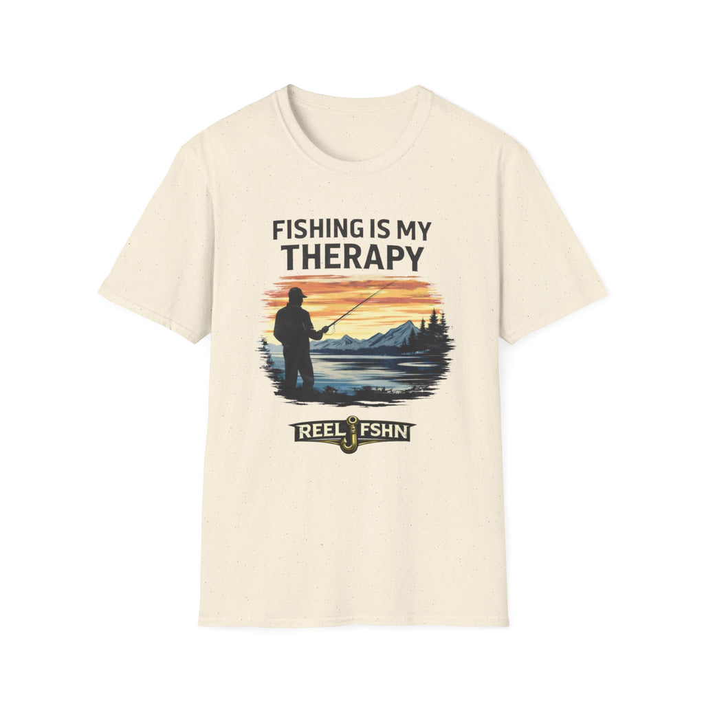 Comfort Colors cream t-shirt with "Fishing Is My Therapy" text and a graphic of a fisherman at sunset.
