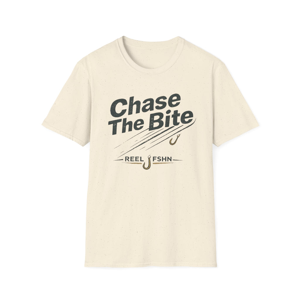 Comfort Colors cream t-shirt with "Chase The Bite" graphic and fishing hooks.