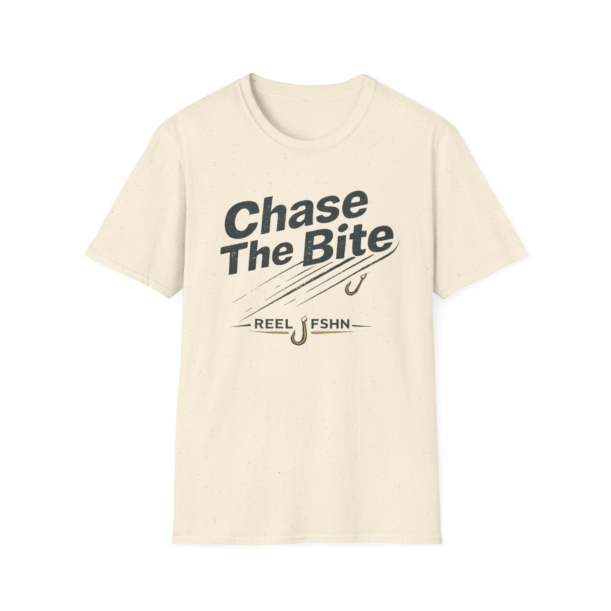 Comfort Colors cream t-shirt with "Chase The Bite" graphic and fishing hooks.