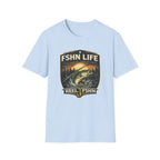Light blue Comfort Colors FSHN Life T-shirt with a graphic of a bass jumping from water at sunset.