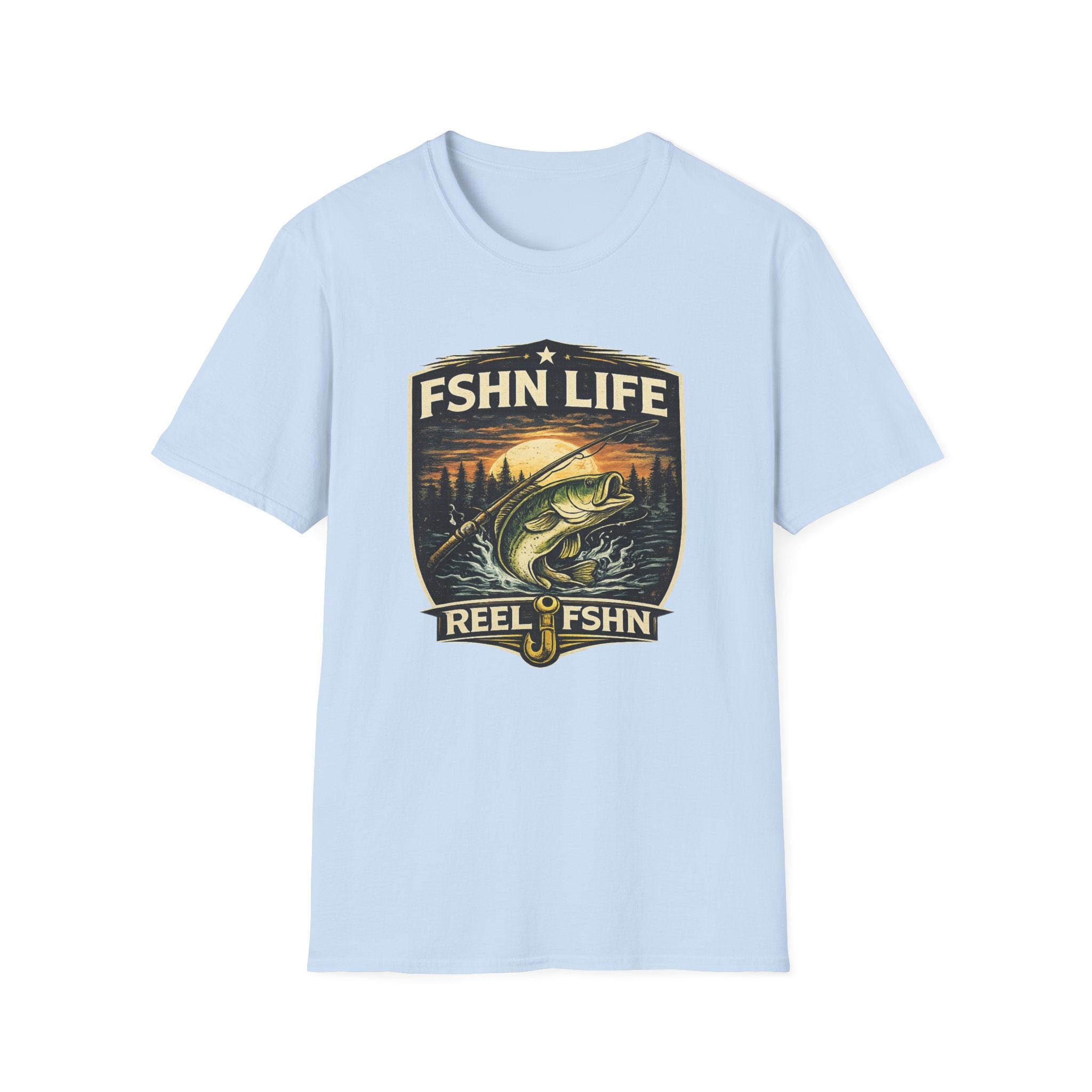 Light blue Comfort Colors FSHN Life T-shirt with a graphic of a bass jumping from water at sunset.