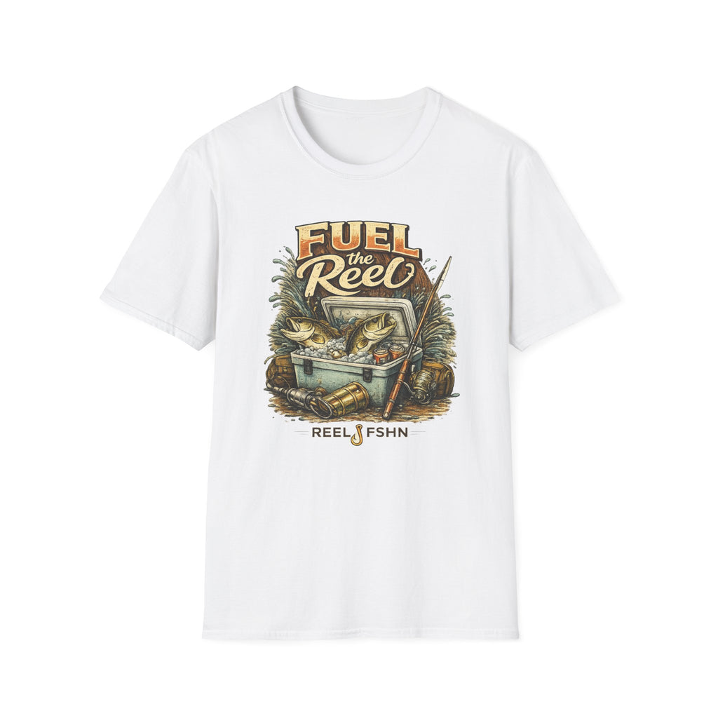 White Comfort Colors t-shirt with "Fuel the Reel" fishing graphic featuring a cooler, fish, and rod.