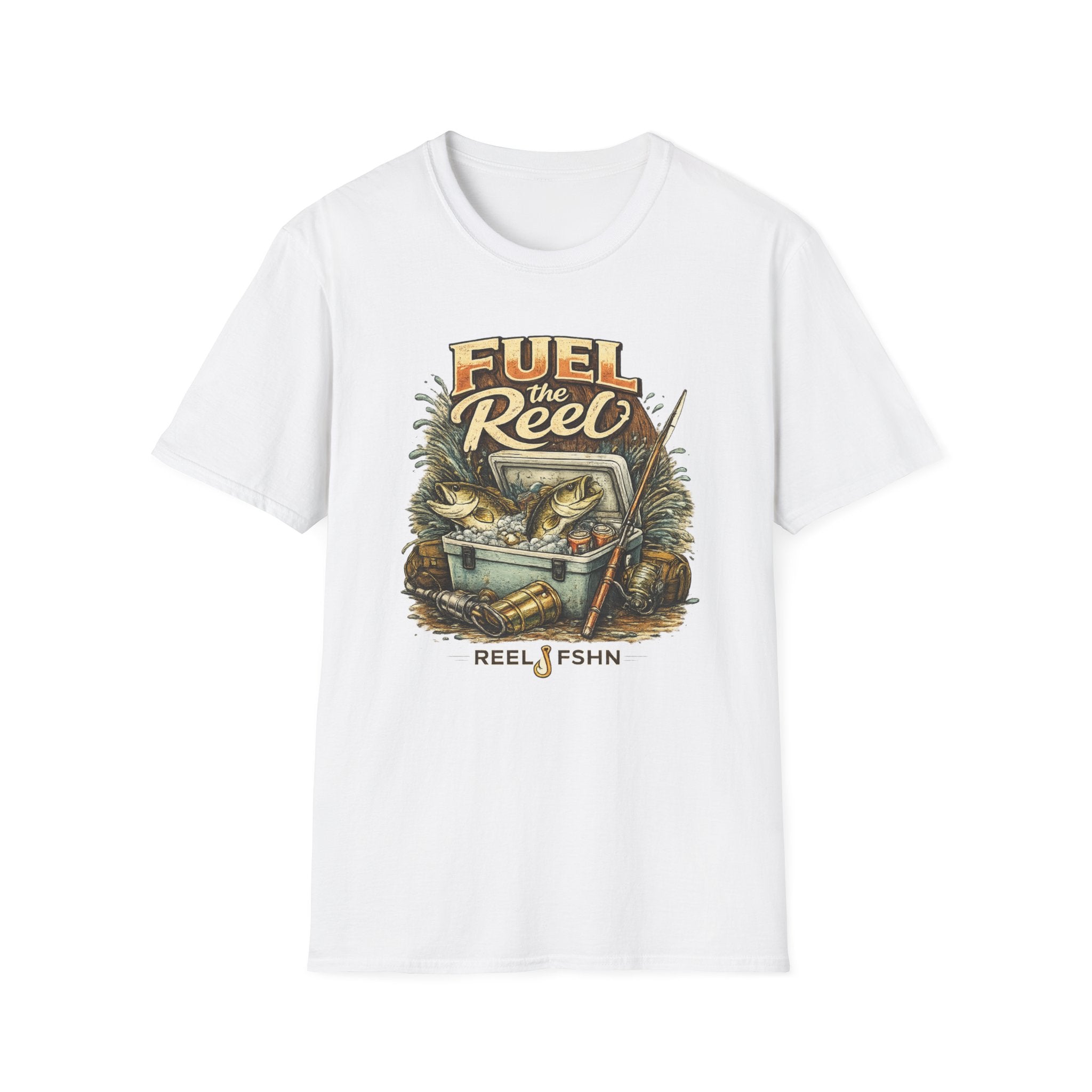 White Comfort Colors t-shirt with "Fuel the Reel" fishing graphic featuring a cooler, fish, and rod.