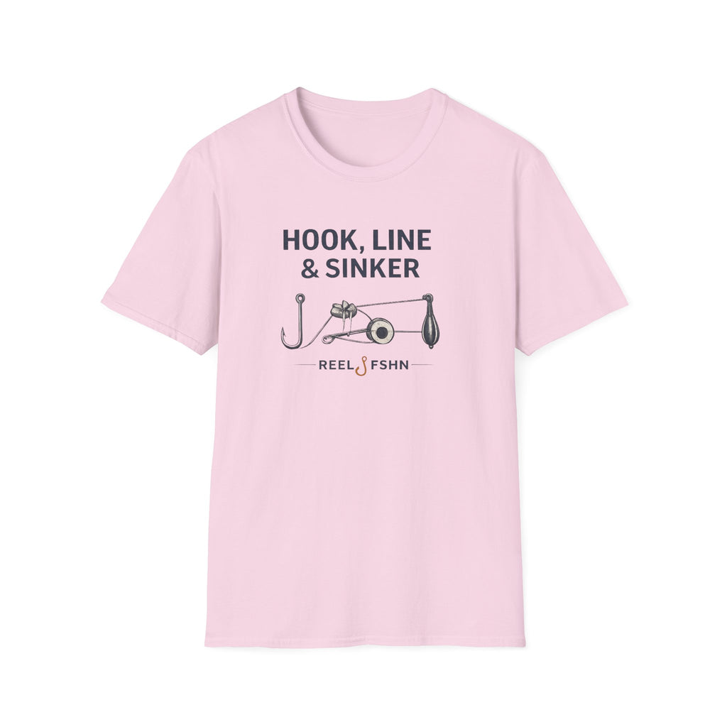 Pink Comfort Colors t-shirt with "Hook, Line & Sinker" text and fishing tackle graphic.