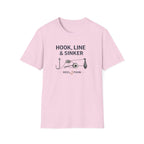 Pink Comfort Colors t-shirt with "Hook, Line & Sinker" text and fishing tackle graphic.