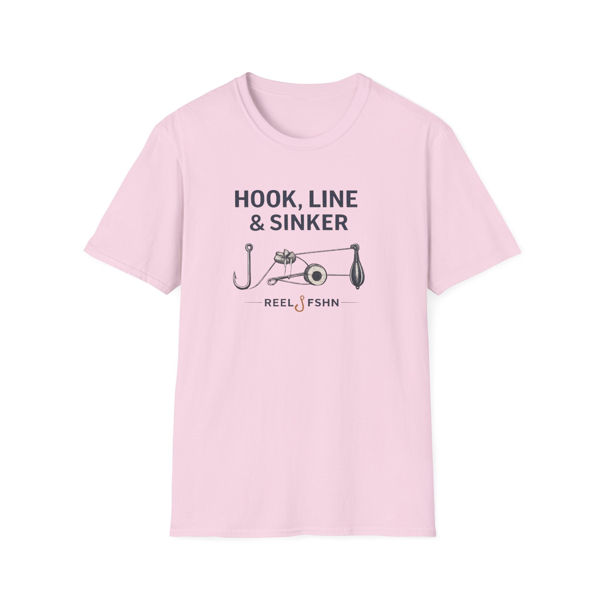 Pink Comfort Colors t-shirt with "Hook, Line & Sinker" text and fishing tackle graphic.