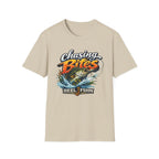 Unisex Comfort Colors tan t-shirt with "Chasing Bites" graphic of a bass jumping from water.