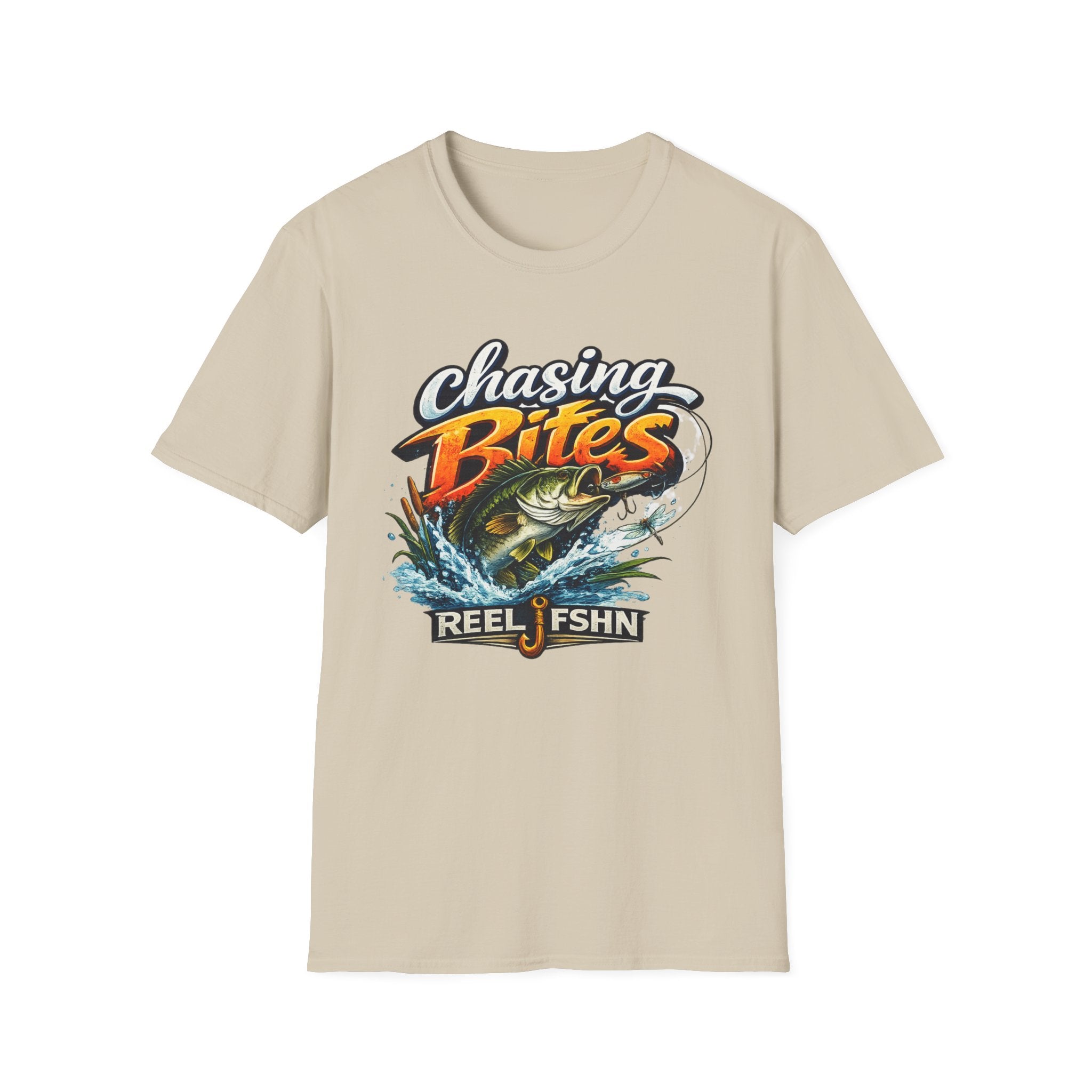 Unisex Comfort Colors tan t-shirt with "Chasing Bites" graphic of a bass jumping from water.