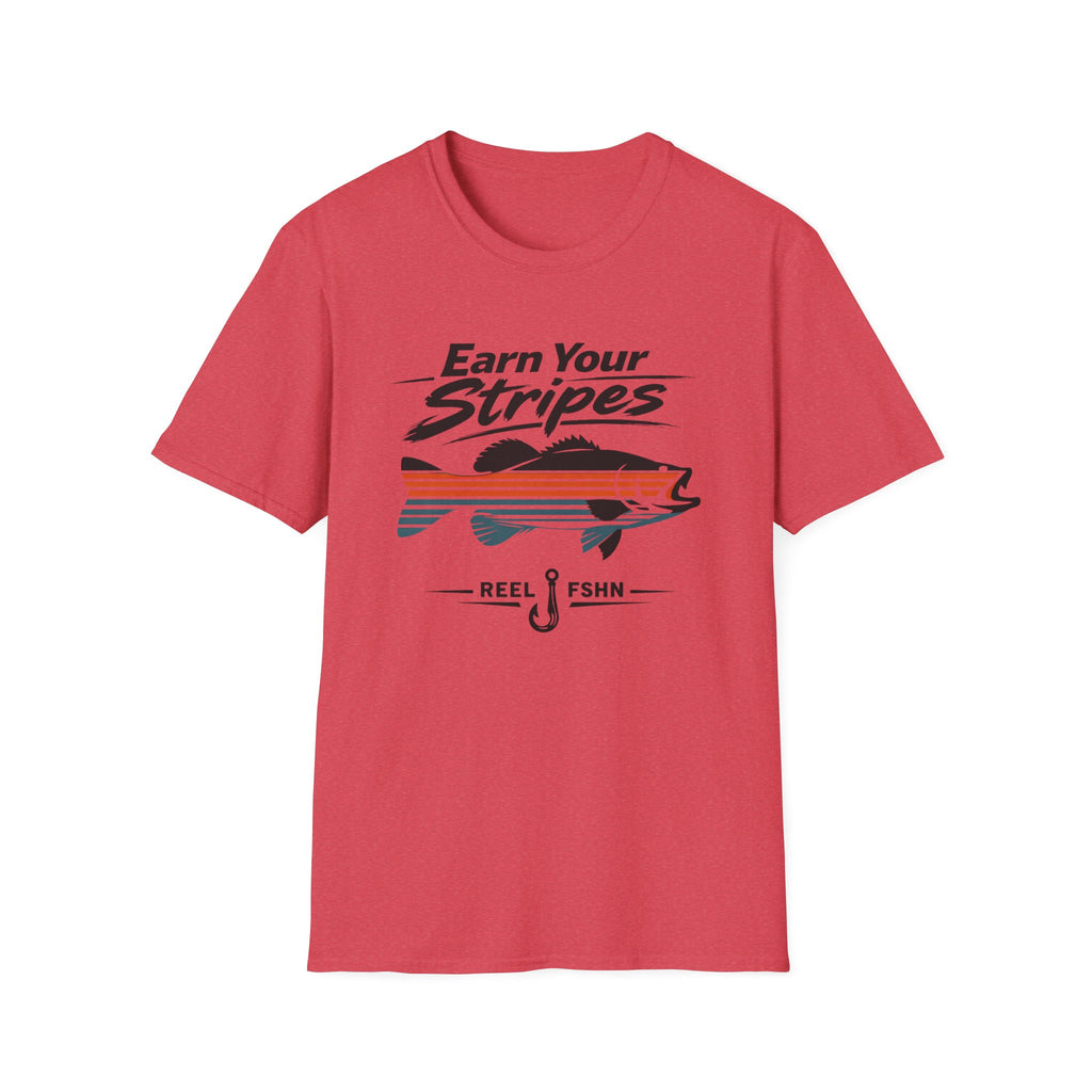 Red Comfort Colors t-shirt with "Earn Your Stripes" text, a striped bass graphic, and a fishing hook.