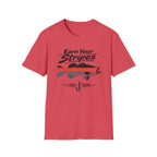 Red Comfort Colors t-shirt with "Earn Your Stripes" text, a striped bass graphic, and a fishing hook.