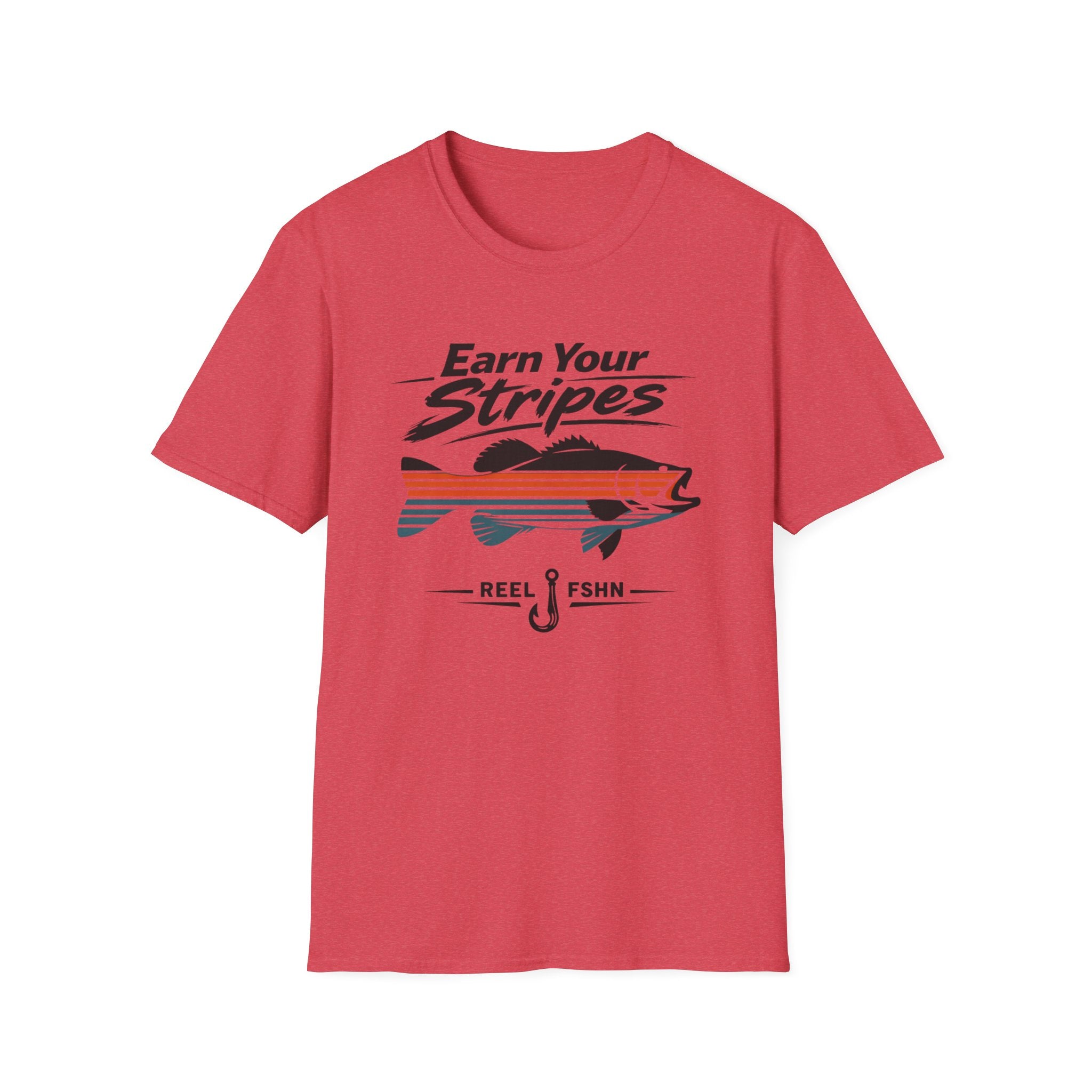 Red Comfort Colors t-shirt with "Earn Your Stripes" text, a striped bass graphic, and a fishing hook.