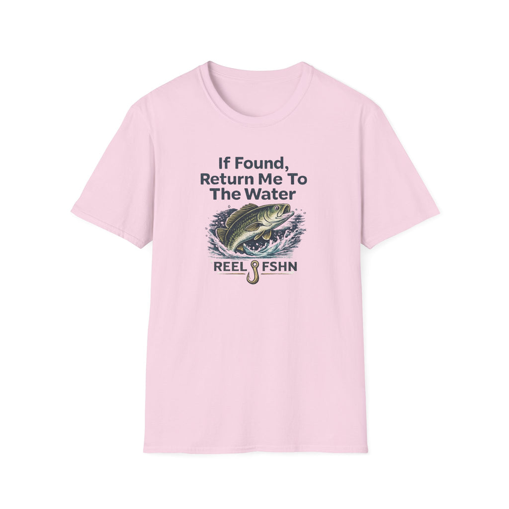 Pink Comfort Colors cotton t-shirt with "If Found, Return Me To The Water" text and a jumping bass graphic.