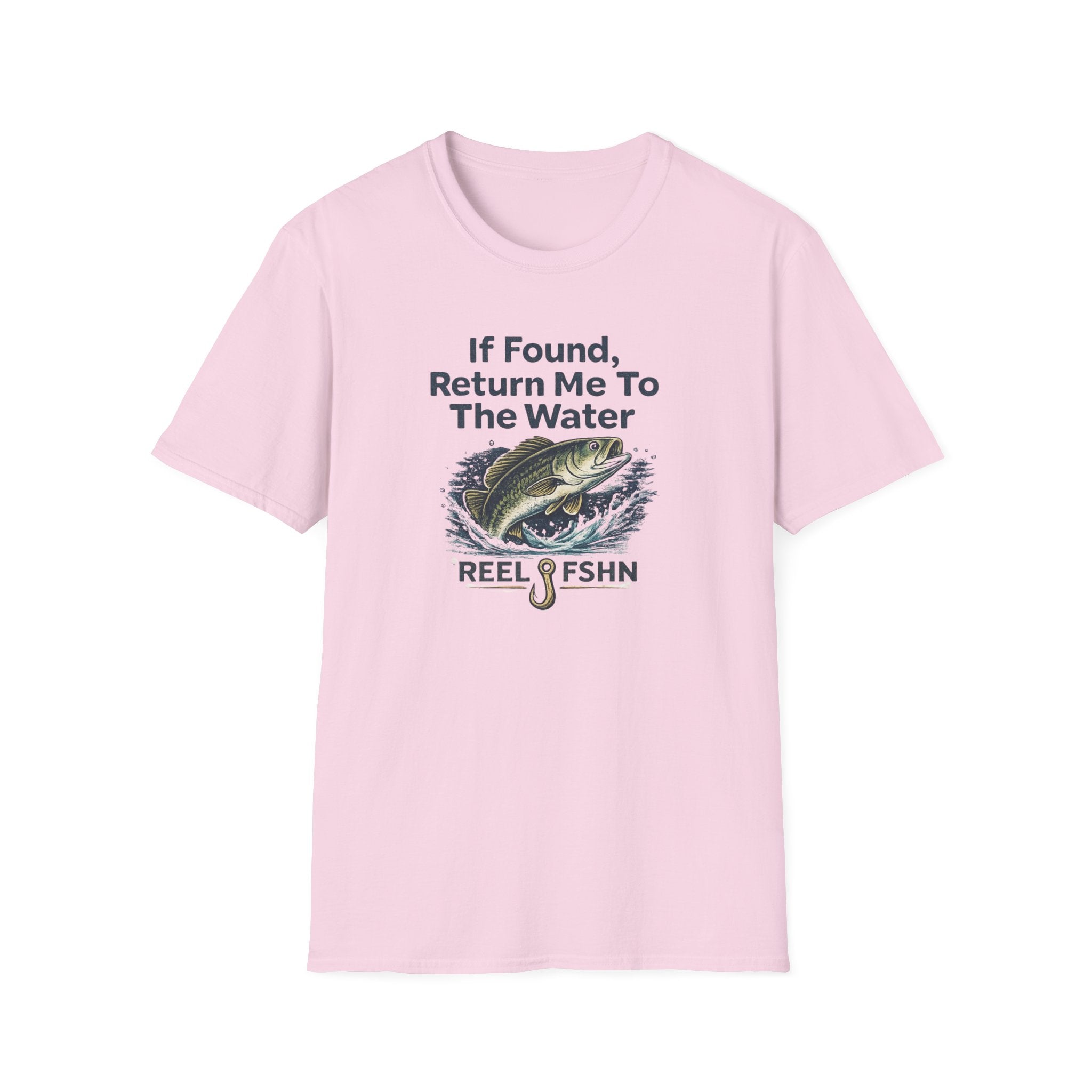Pink Comfort Colors cotton t-shirt with "If Found, Return Me To The Water" text and a jumping bass graphic.