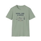 Unisex Comfort Colors sage green t-shirt with "Hook, Line & Sinker" fishing tackle graphic.
