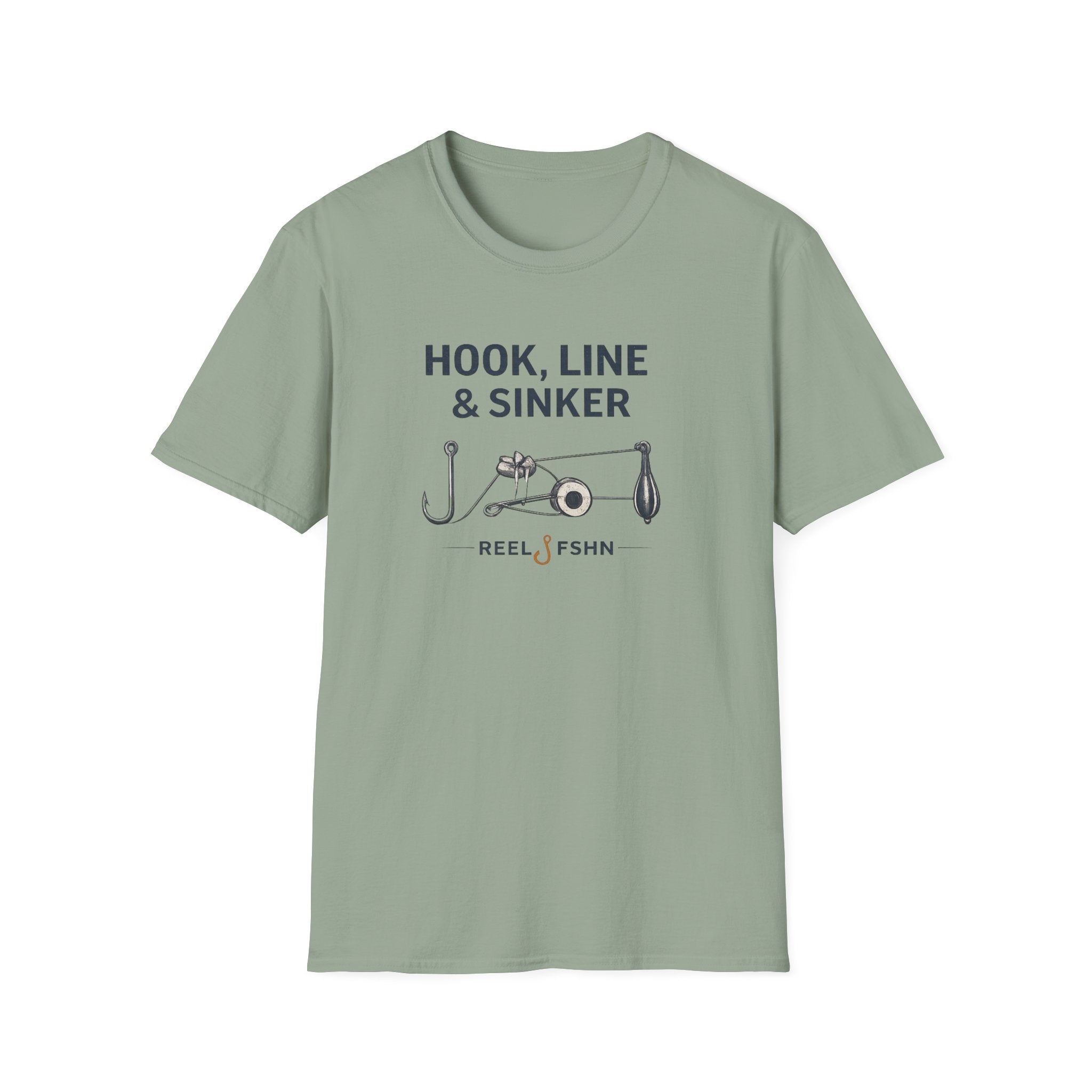 Unisex Comfort Colors sage green t-shirt with "Hook, Line & Sinker" fishing tackle graphic.