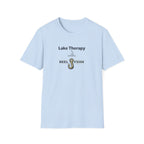 Light blue Comfort Colors unisex t-shirt with "Lake Therapy REEL FSHN" text and a fishing hook graphic.