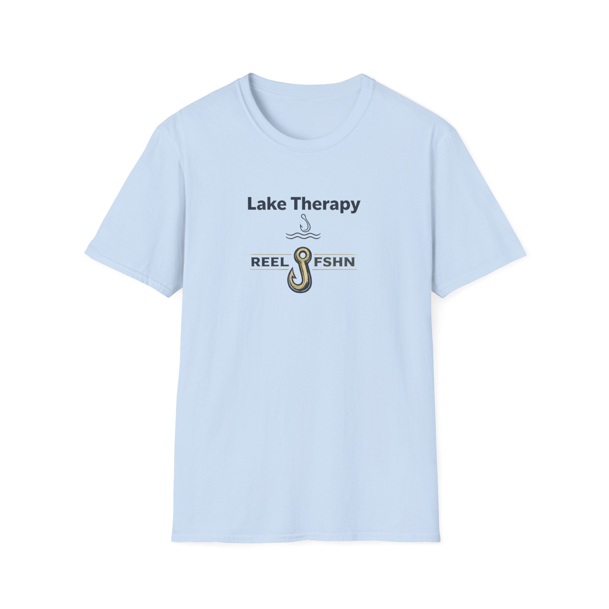 Light blue Comfort Colors unisex t-shirt with "Lake Therapy REEL FSHN" text and a fishing hook graphic.