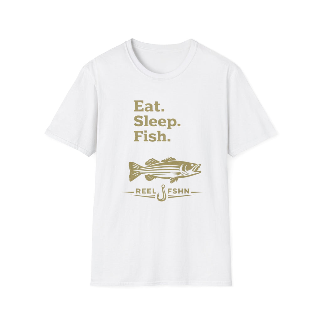 White Comfort Colors unisex t-shirt with "Eat. Sleep. Fish." and a bass graphic in gold.