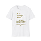 White Comfort Colors unisex t-shirt with "Eat. Sleep. Fish." and a bass graphic in gold.