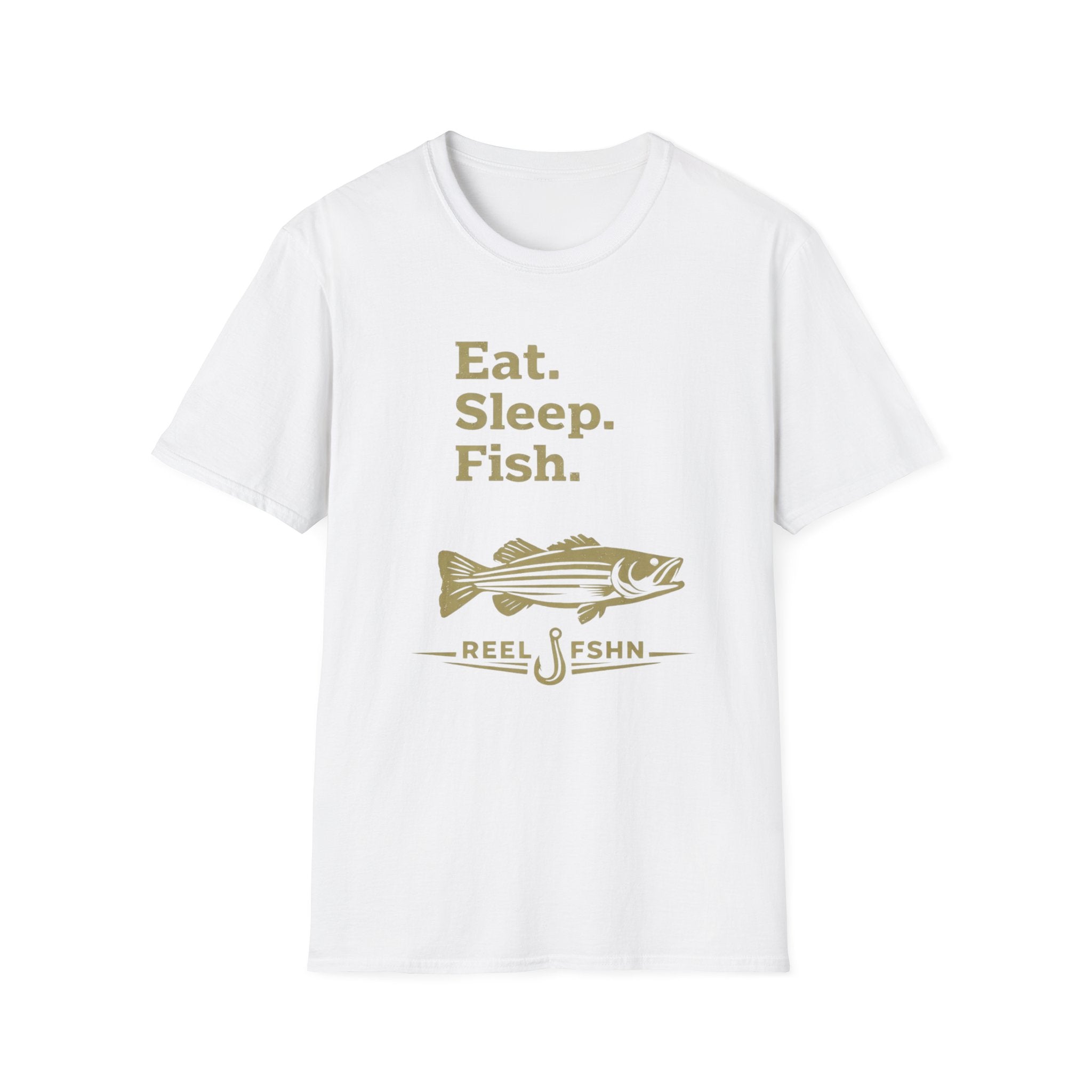 White Comfort Colors unisex t-shirt with "Eat. Sleep. Fish." and a bass graphic in gold.
