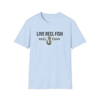 Light blue Comfort Colors unisex t-shirt with "LIVE REEL FISH" text and a fishing hook graphic.