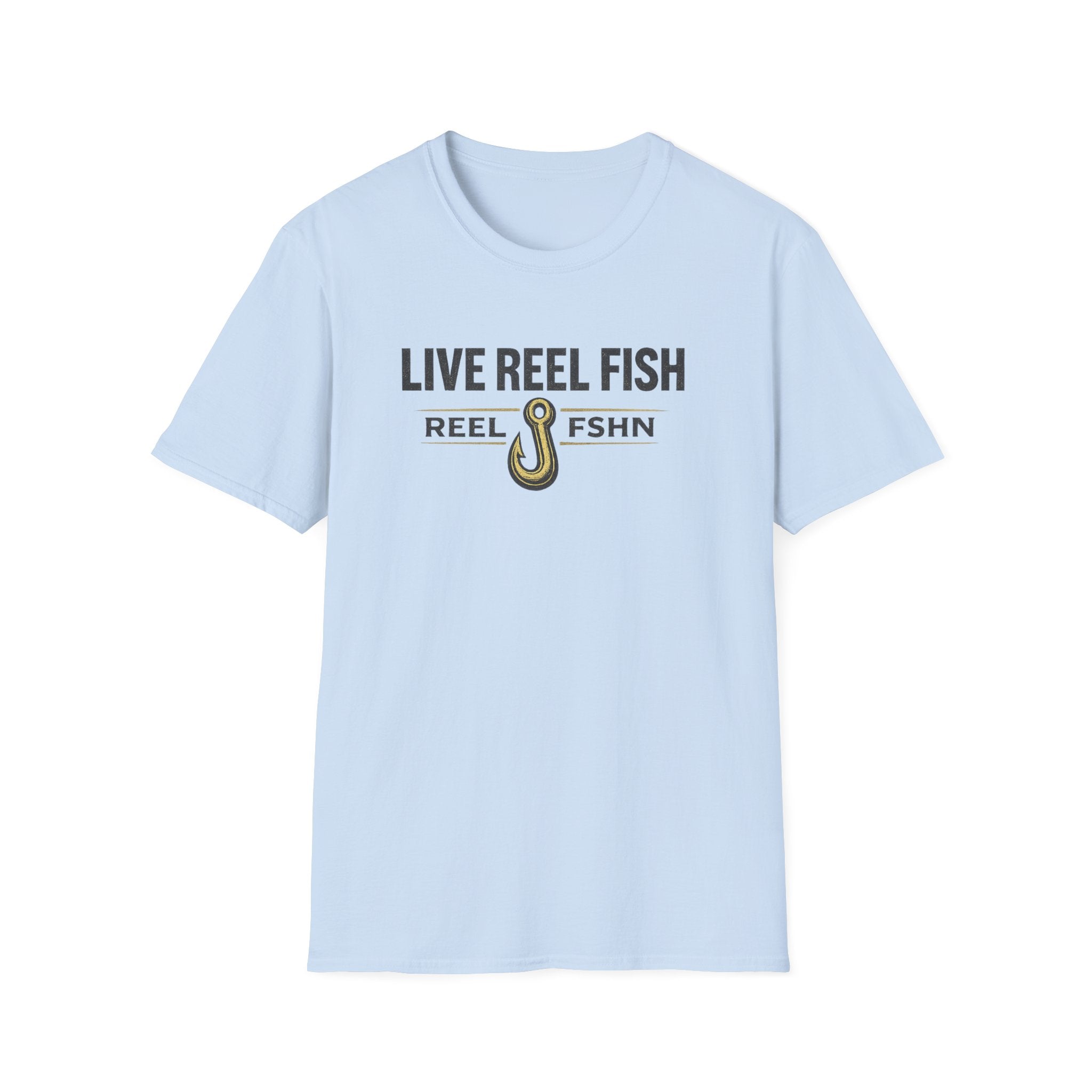 Light blue Comfort Colors unisex t-shirt with "LIVE REEL FISH" text and a fishing hook graphic.