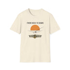 Comfort Colors "From Dock To Dawn" t-shirt in natural, featuring a fishing rod, sun, and "REEL FSHN" graphic.