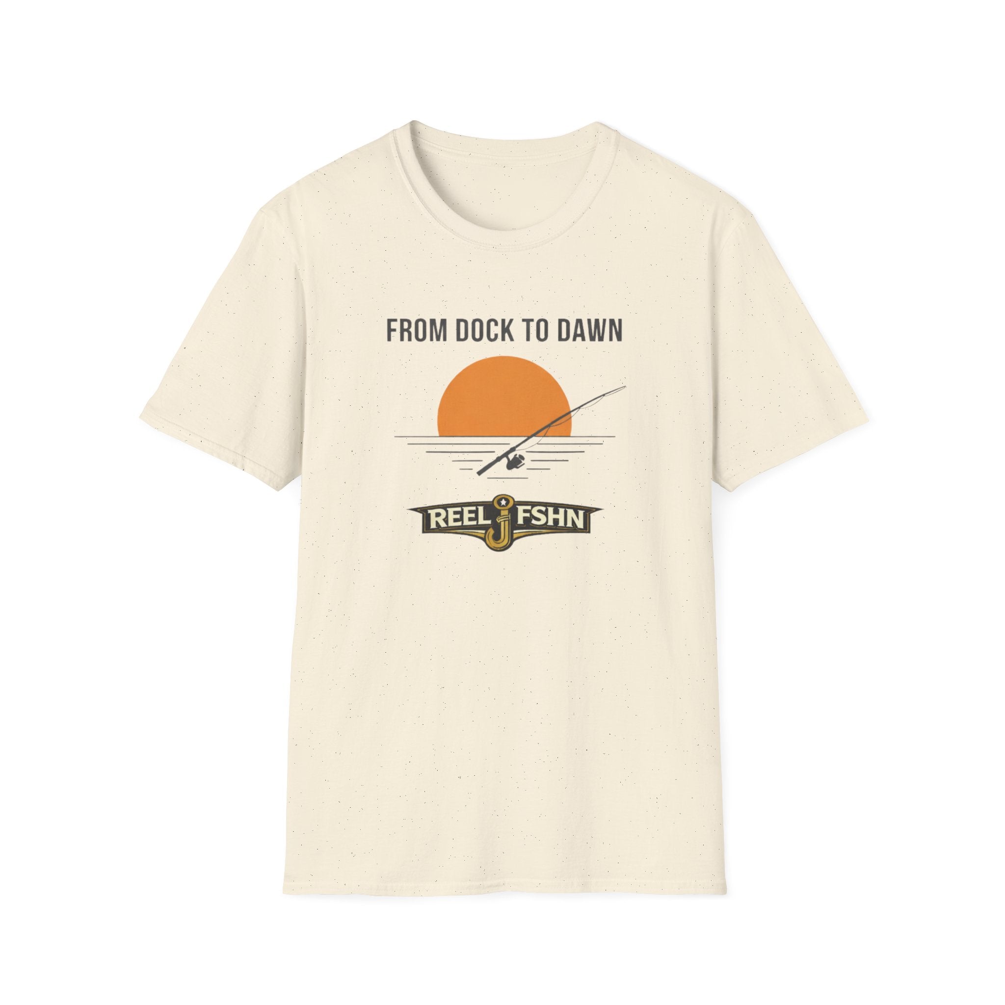Comfort Colors "From Dock To Dawn" t-shirt in natural, featuring a fishing rod, sun, and "REEL FSHN" graphic.