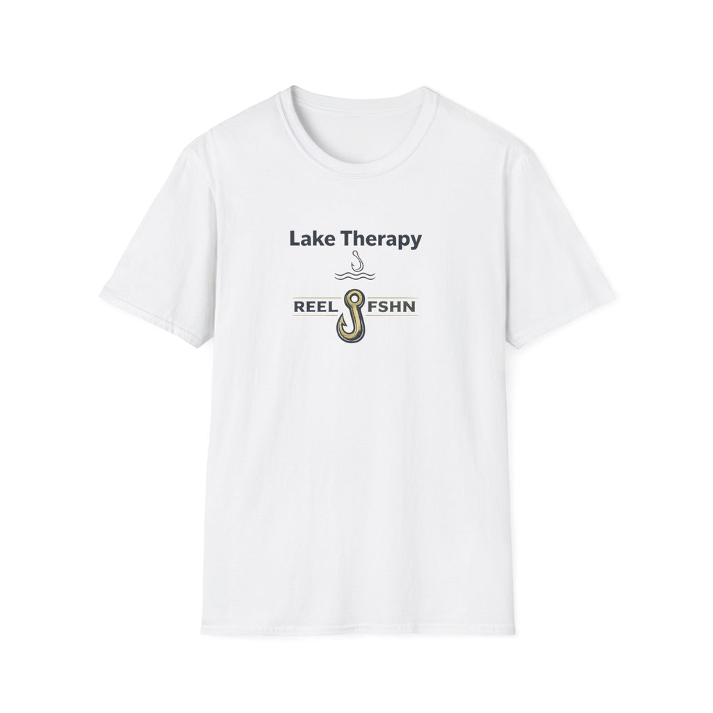 White Comfort Colors unisex t-shirt with "Lake Therapy REEL FSHN" text and a fishing hook graphic.