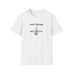 White Comfort Colors unisex t-shirt with "Lake Therapy REEL FSHN" text and a fishing hook graphic.