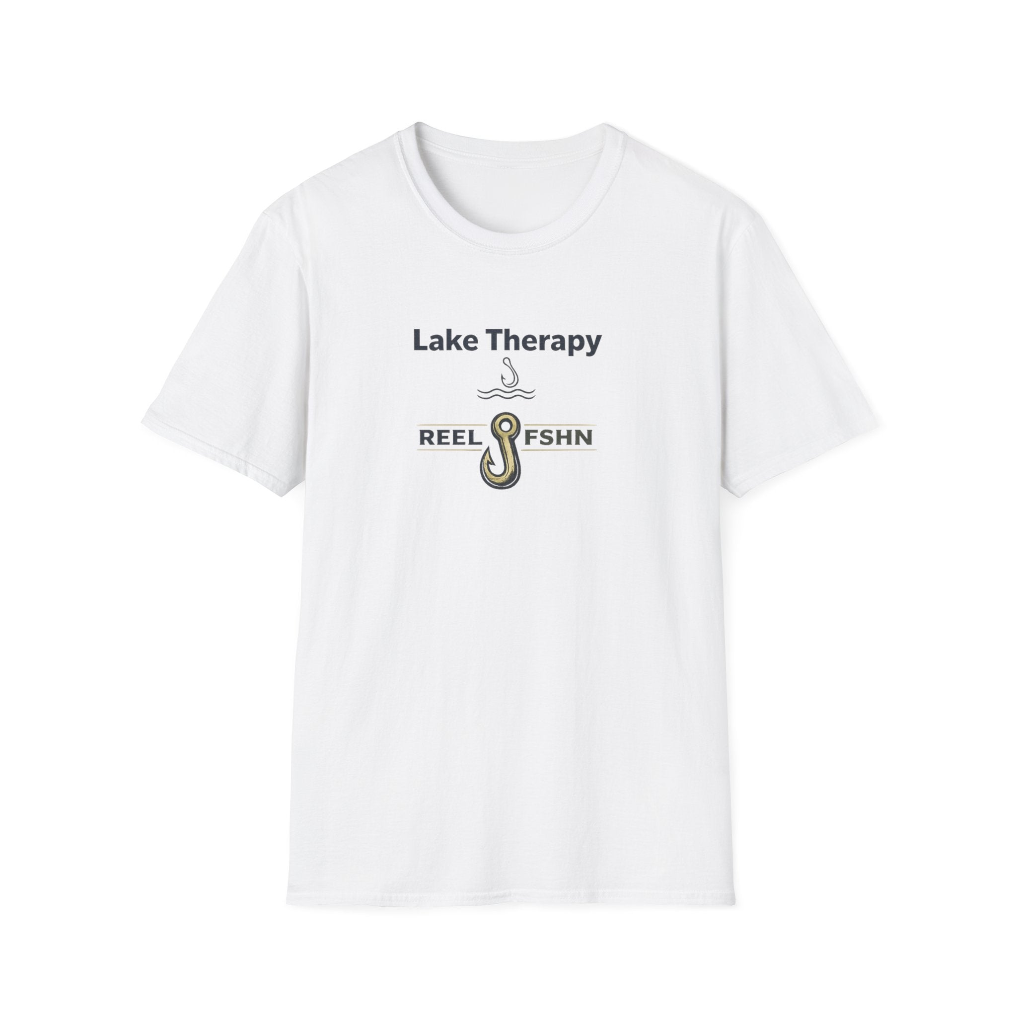 White Comfort Colors unisex t-shirt with "Lake Therapy REEL FSHN" text and a fishing hook graphic.
