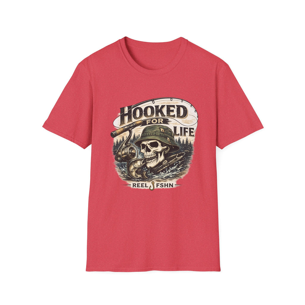 Red Comfort Colors Hooked For Life T-shirt with a fishing skull graphic, reel, and forest background.