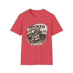 Red Comfort Colors Hooked For Life T-shirt with a fishing skull graphic, reel, and forest background.