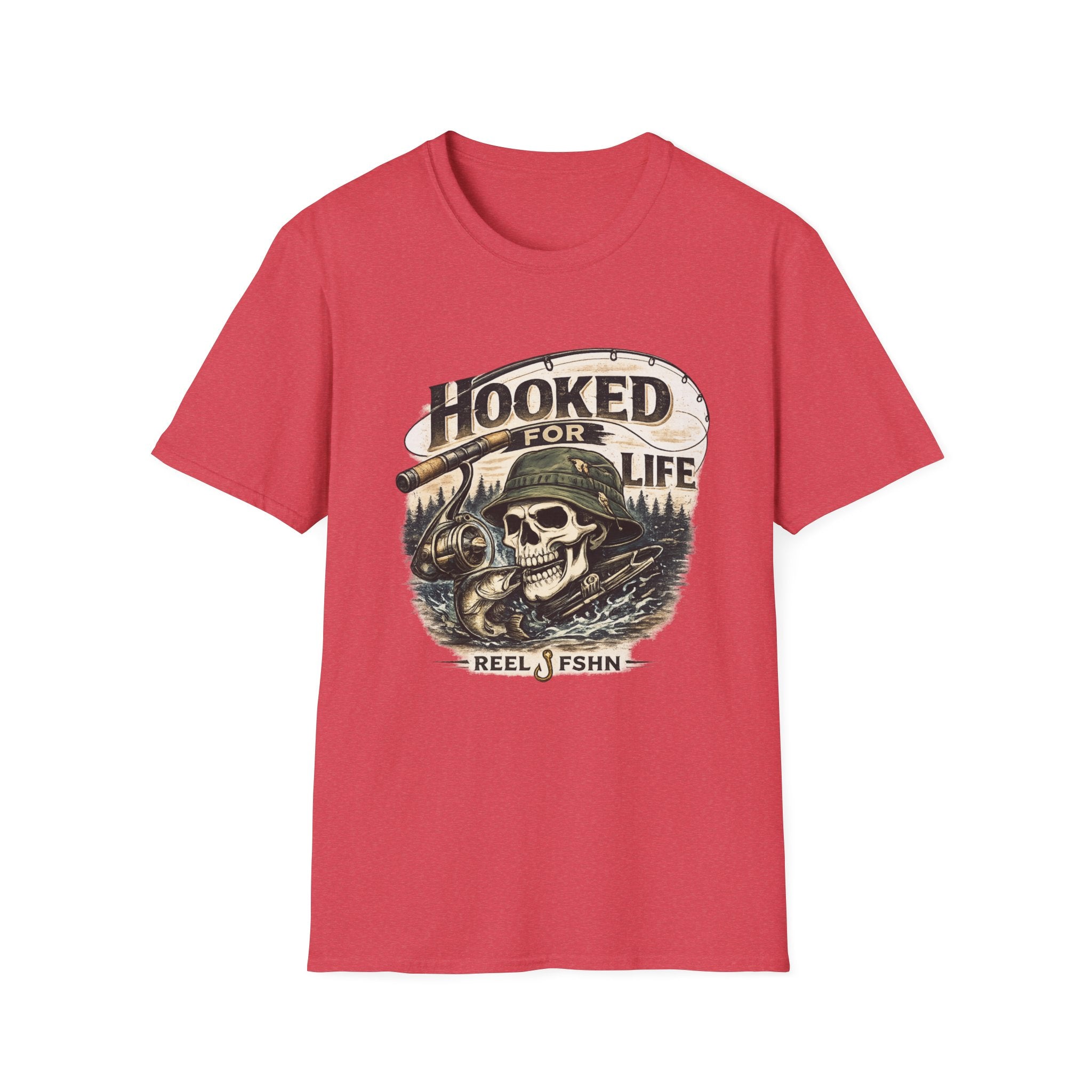 Red Comfort Colors Hooked For Life T-shirt with a fishing skull graphic, reel, and forest background.